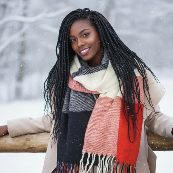 NA Women's Long Plaid Big Grid Winter Scarf - Picture 3 of 4